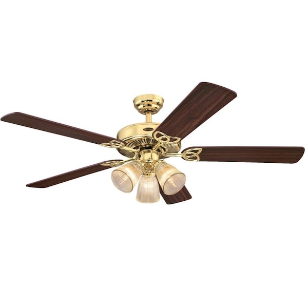 Westinghouse 52 in. Ceiling Fan, Dimmable LED Light Fixture Polished Brass Finish Walnut & Oak Clear Ribbed Glass WE625773 - main